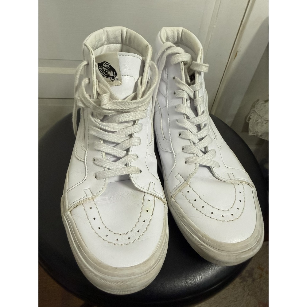 Vans Sk8-Hi Leather High Top Sneakers White Mens 7.5 Womens 9 Skate Shoes - Picture 2 of 5